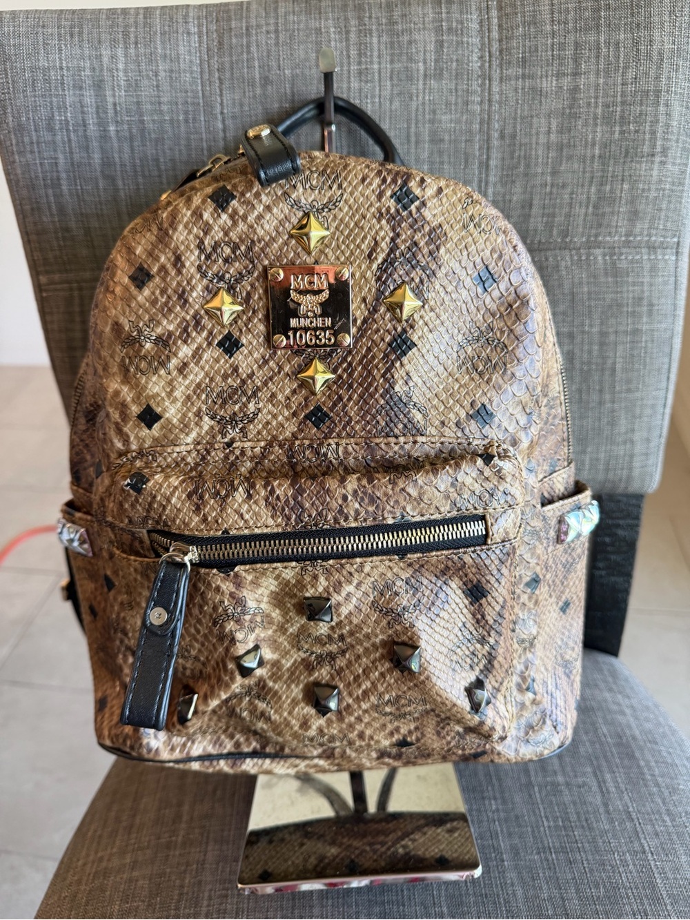 MCM Brown and Black Studded Logo Snakeskin-Effect Medium Backpack